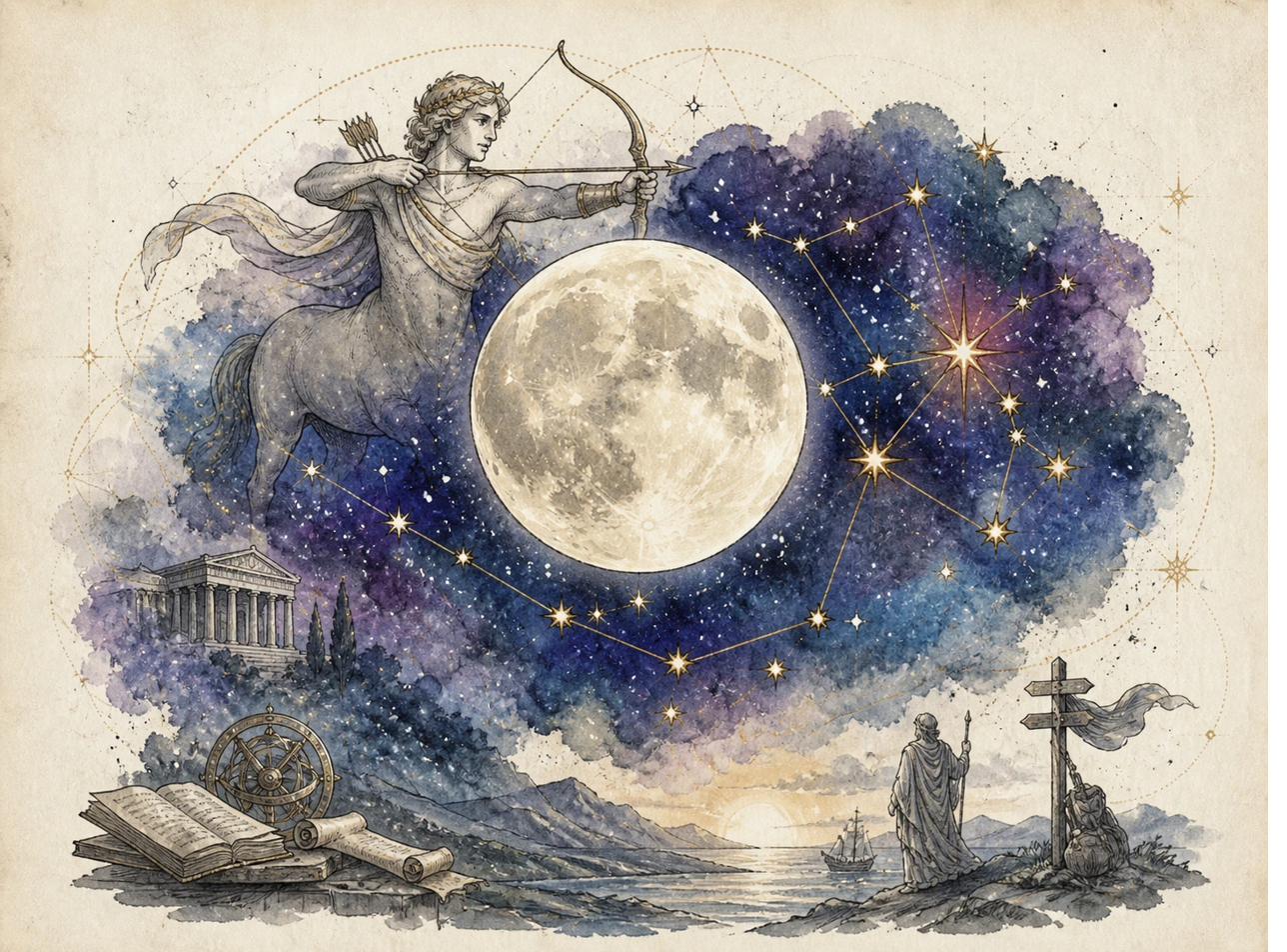 Luna Plină în Săgetător pe 31 mai 2026: peisaj montan sub cer cosmic, simbol al direcției și sensului interior