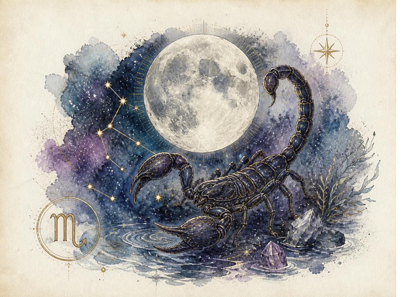 Luna Plină în Scorpion pe 1 mai 2026: scorpion sub lună plină, ape întunecate și simbol astrologic al Scorpionului