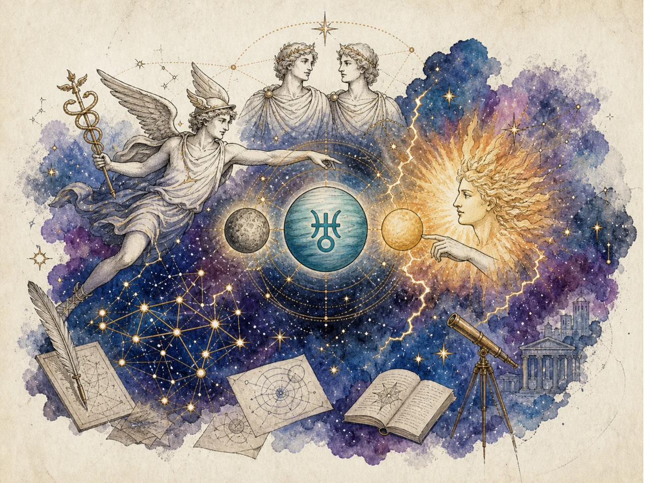 Mai 2026: Uranus în Gemeni, Mercur, Soare și gemenii mitologici într-o ilustrație astrologică în acuarelă