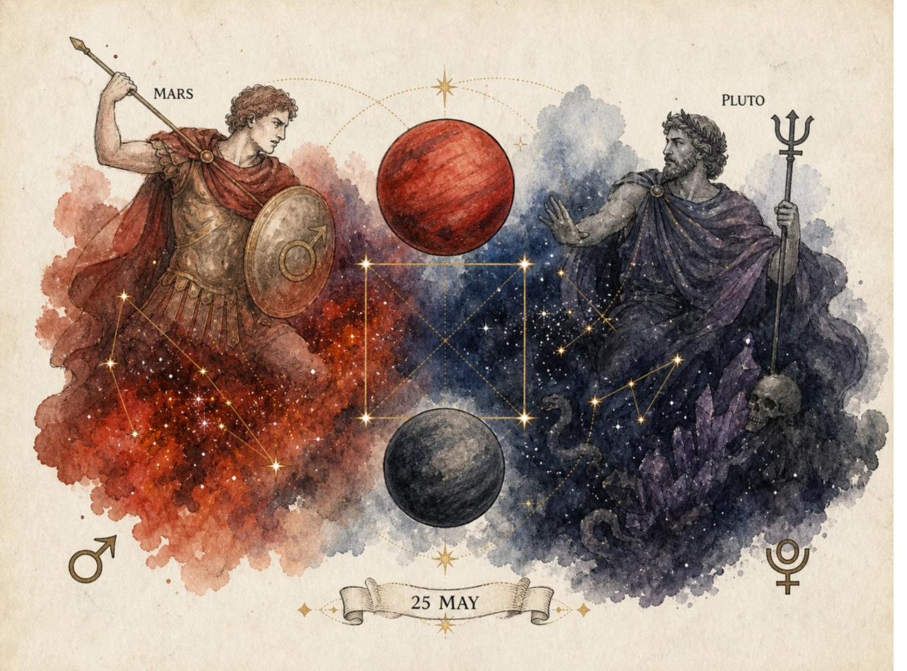 Marte careu Pluto pe 25 mai 2026: Marte cu lancea și Pluto cu tridentul într-o confruntare astrologică intensă
