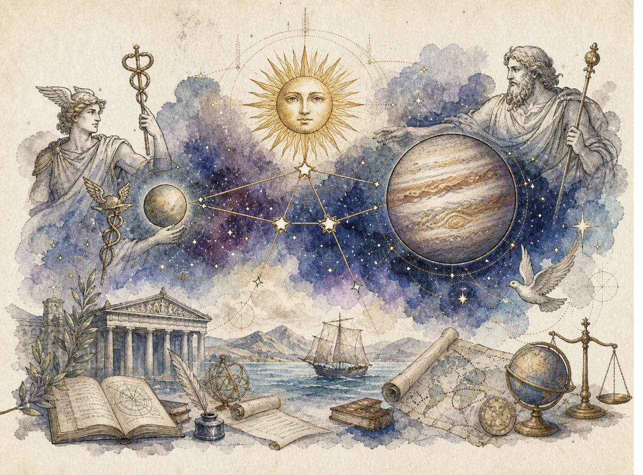 Soare sextil Jupiter și Mercur sextil Jupiter în mai 2026: ilustrație astrologică cu Soarele, Jupiter, Mercur și simboluri de cunoaștere