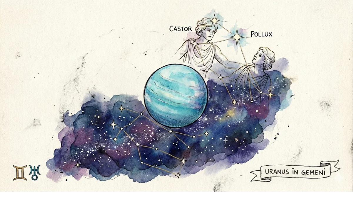 Uranus în Gemeni 2026: ilustrație acuarelă cu planeta Uranus, constelația Geminilor și gemenii mitologici Castor și Pollux