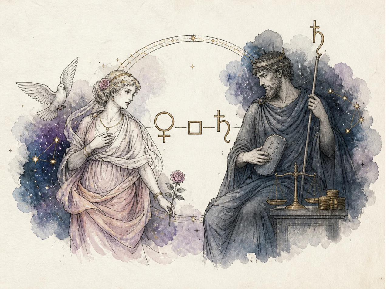 Venus careu Saturn pe 28 mai 2026: zeița Venus cu trandafirul și Saturn cu balanța într-un aspect astrologic tensionat