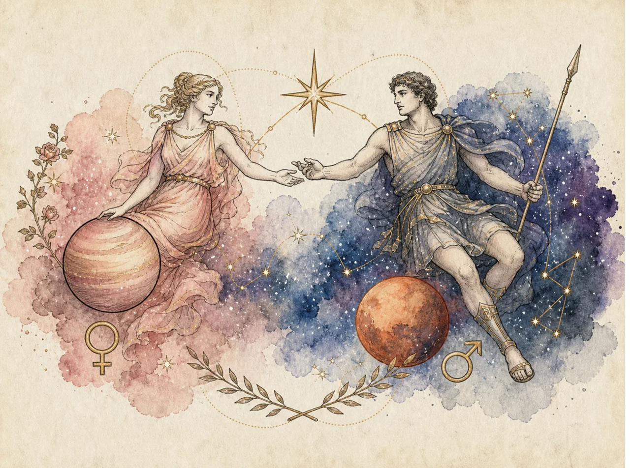 Venus sextil Marte pe 18 mai 2026: zeița Venus și Marte într-o ilustrație astrologică cu planete și constelații